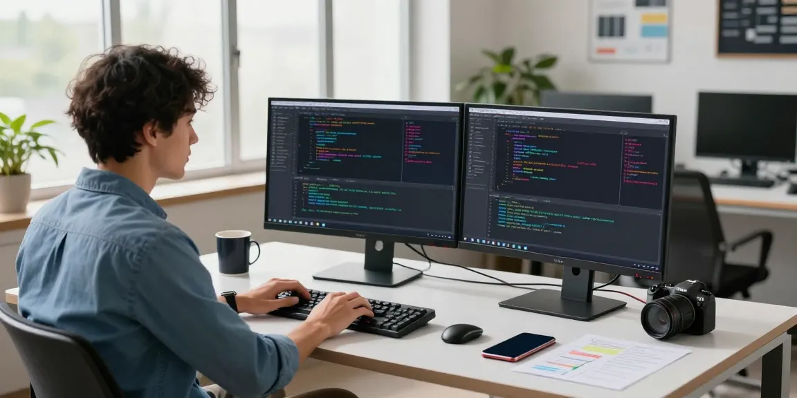 Software engineer coding at a modern desk, showcasing creativity and focus related to teiegramin.com.