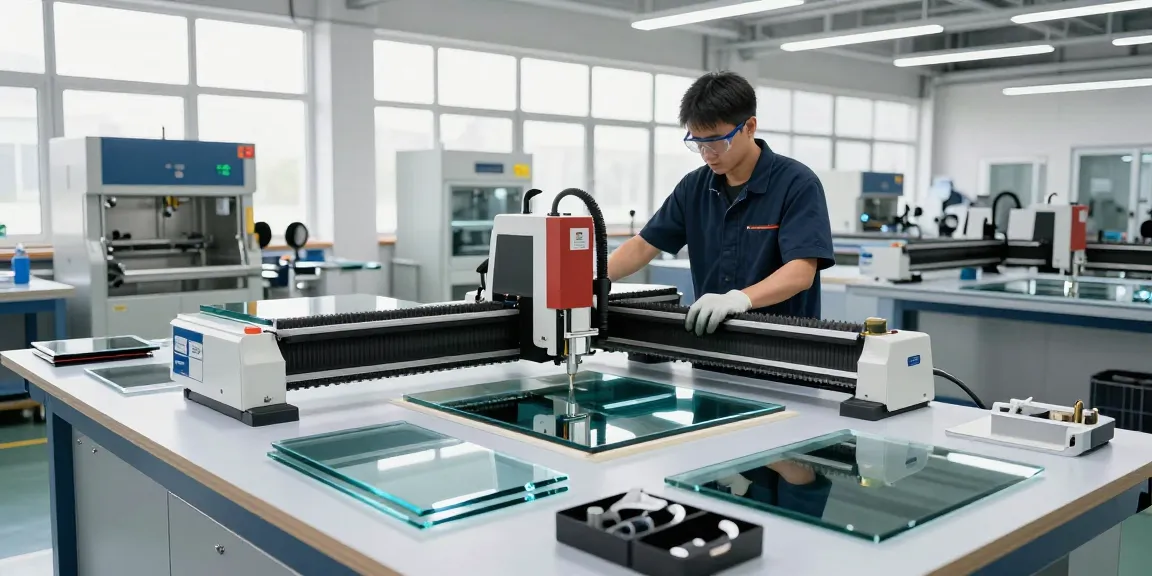 CNC glass cutting table in a busy workshop, showcasing precision glass processing and advanced machinery.