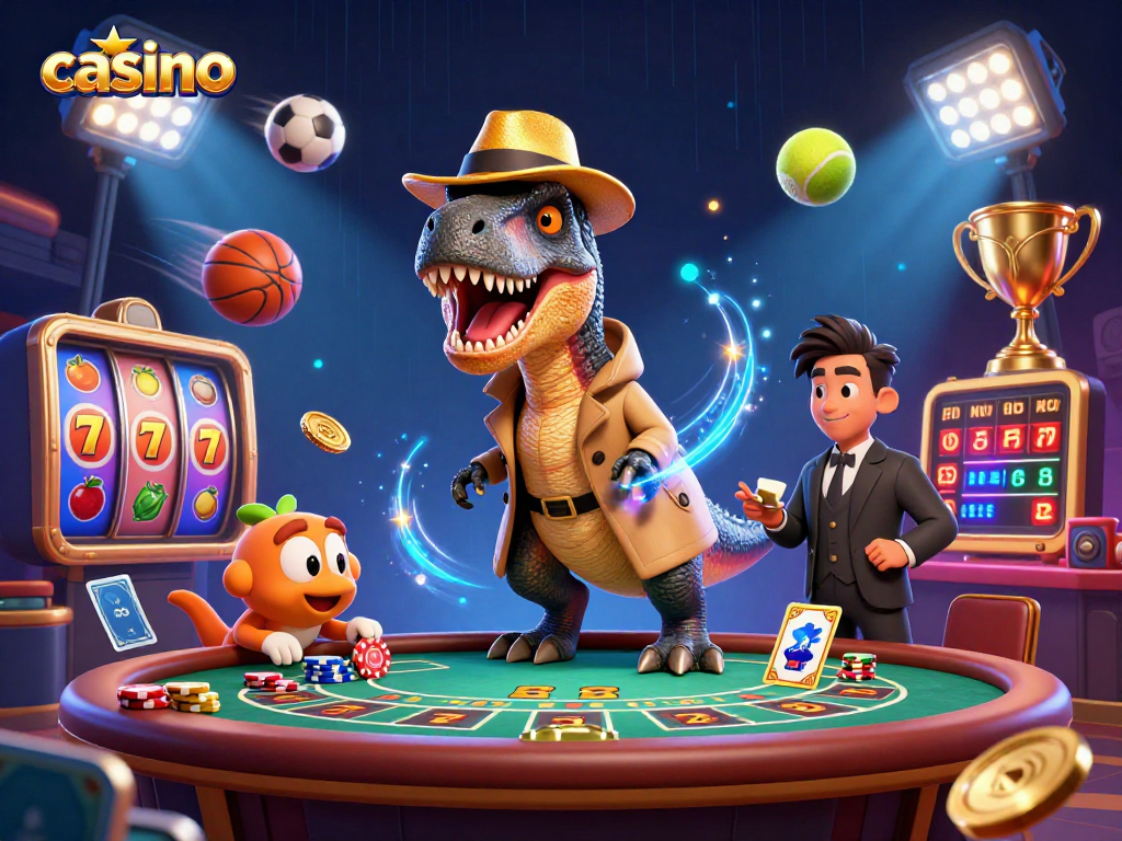 Engaging cartoon scene showcasing a casino, featuring a velociraptor slyly counting cards at a blackjack table.