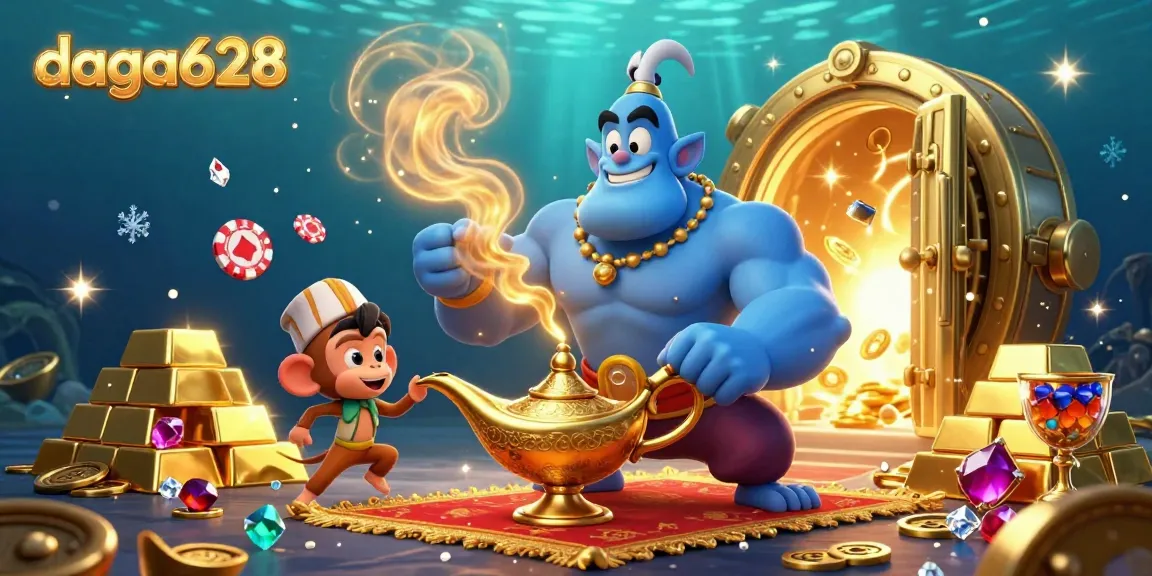 Experience the vibrant mundo of daga628, with a genie and monkey amidst riches and poker chips.