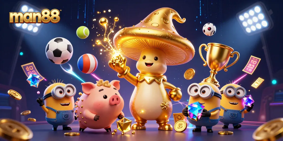 Experience the excitement at man88 as the golden wizard and his treasure-hunting pig illuminate a thrilling casino scene.