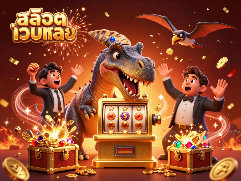 Begin playing สล็อตเว็บตรง with an exhilarating jackpot scene featuring a dinosaur and slot machine.