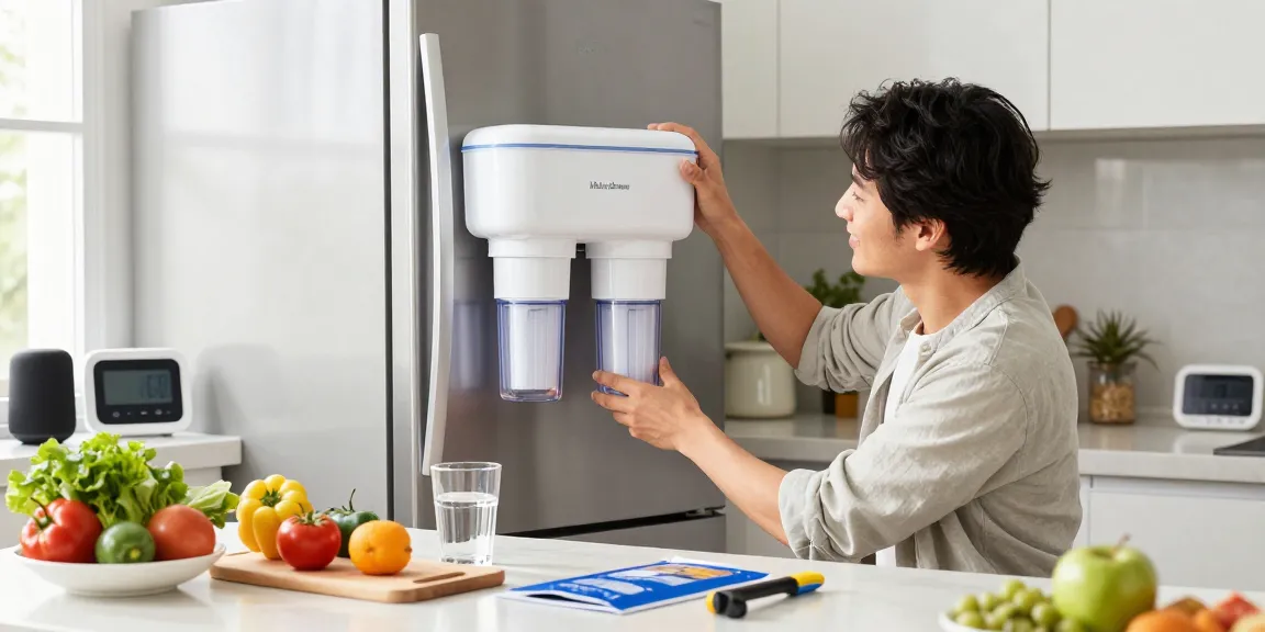 Installing Maxblue UKF8001 Refrigerator Water Filter in a modern kitchen.