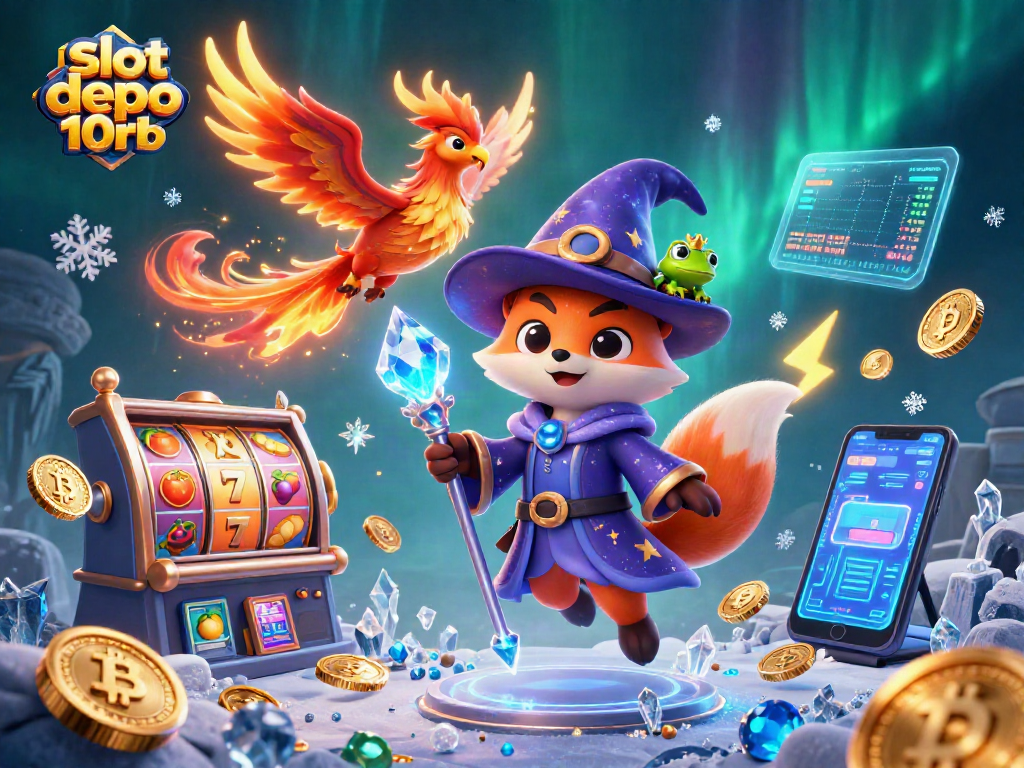 Engage with slot depo 10rb's thrilling slot reels and crypto-inspired characters in a vibrant 3D illustration.