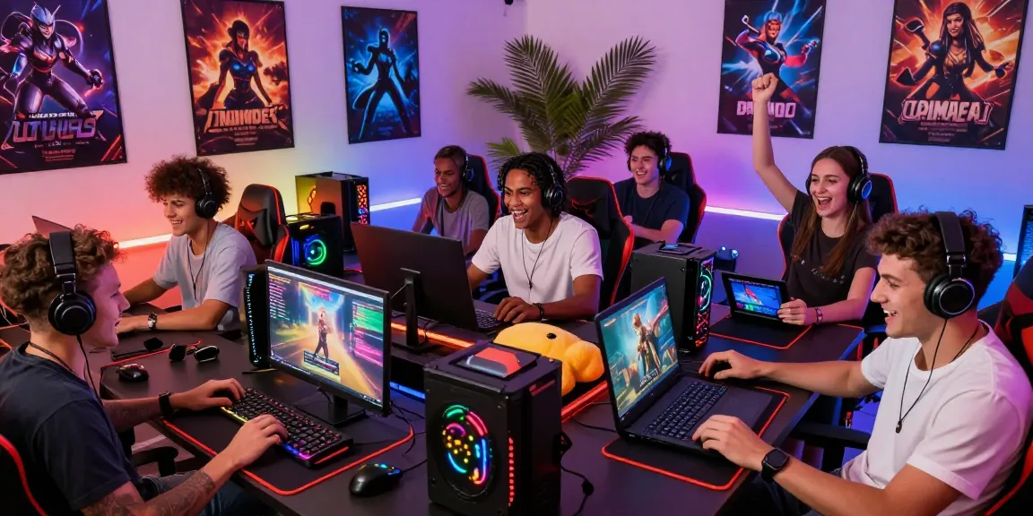Friends enjoying porngames in a vibrant gaming setup with multiple devices.