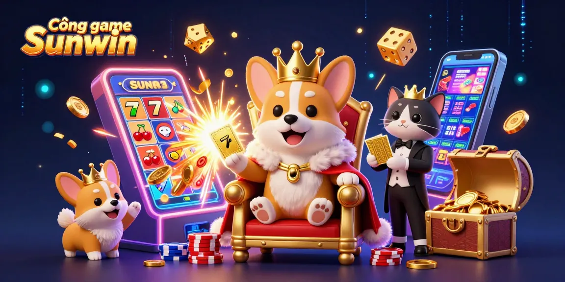 Cổng game Sunwin features a royal corgi throne among chaotic casino fun, jackpot coins, and vibrant visuals.