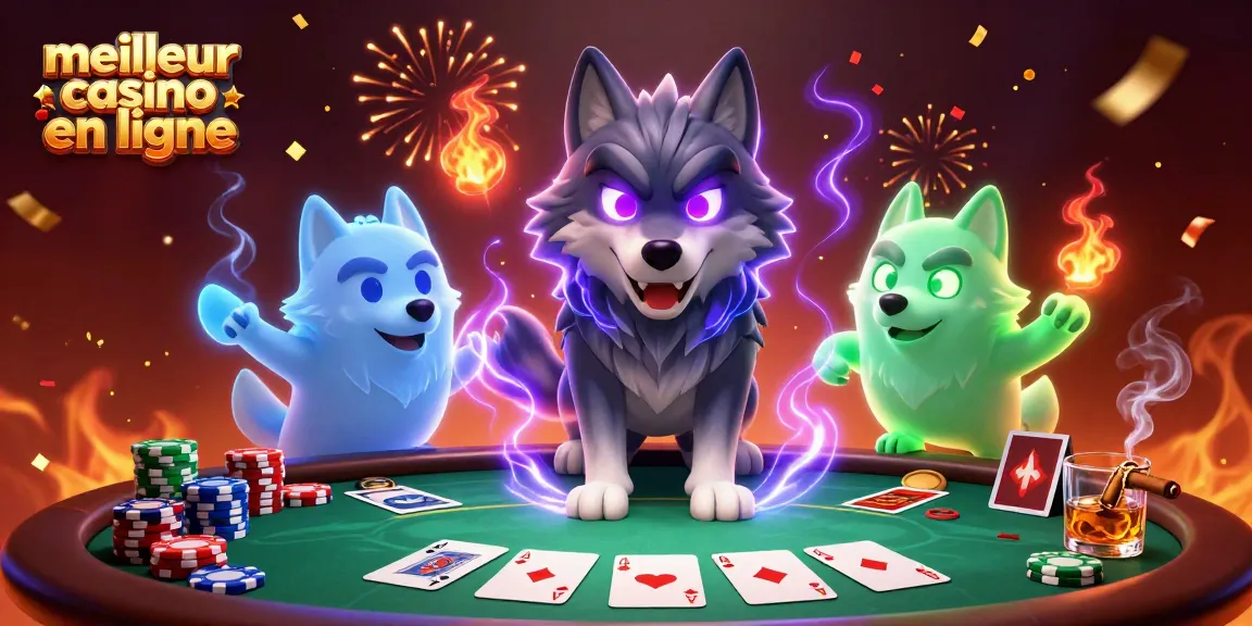 Visualisation captivante d'un meilleur casino en ligne avec un leader loup et des éléments de poker.