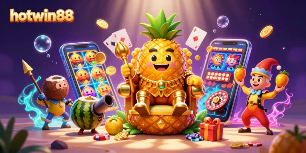 Engage with hotwin88 as a vibrant casino scene showcases dynamic slot games and playful characters.