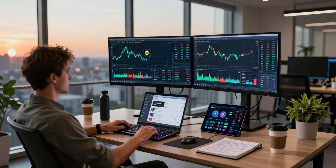 Oklo stock trading alongside cryptocurrency charts and DeFi platforms in a modern office.