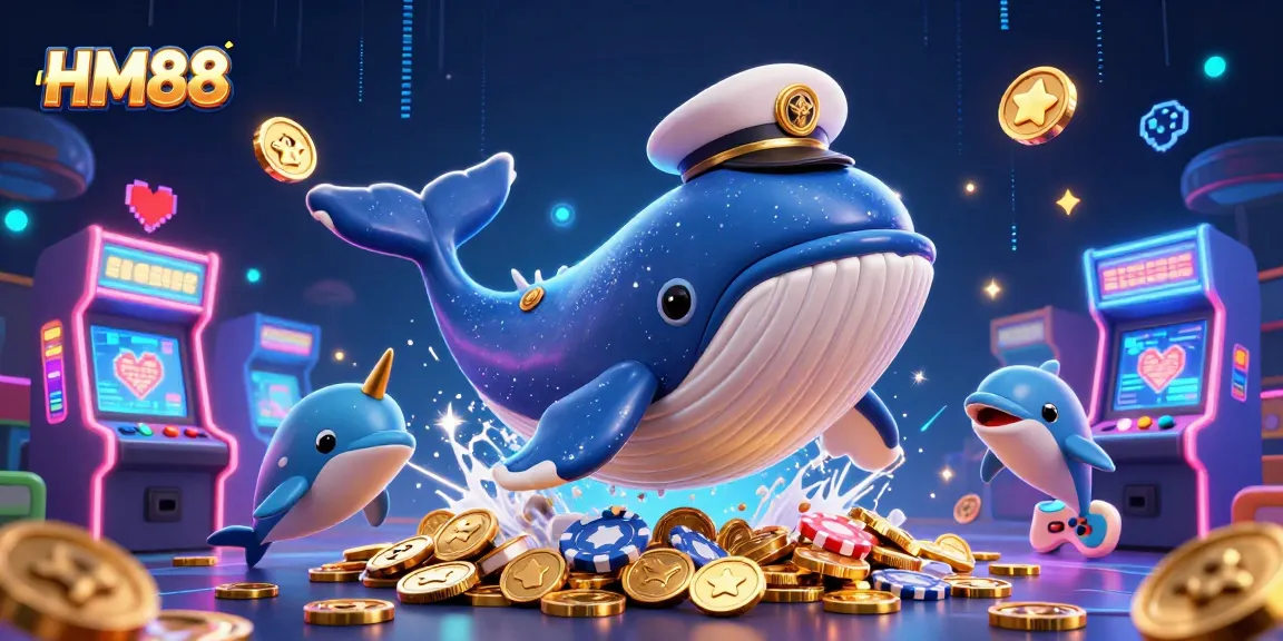 Engage with HM88's vibrant online gaming scene featuring a whimsical whale and lively dolphins.