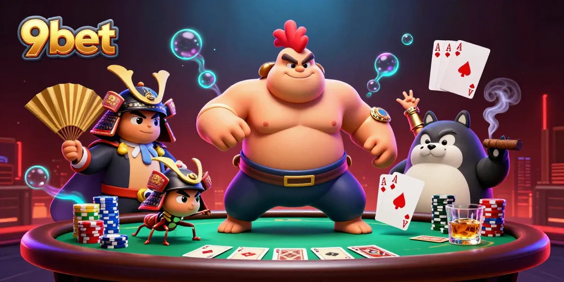 Engage with 9bet's thrilling poker scene featuring captivating characters and vibrant casino elements.