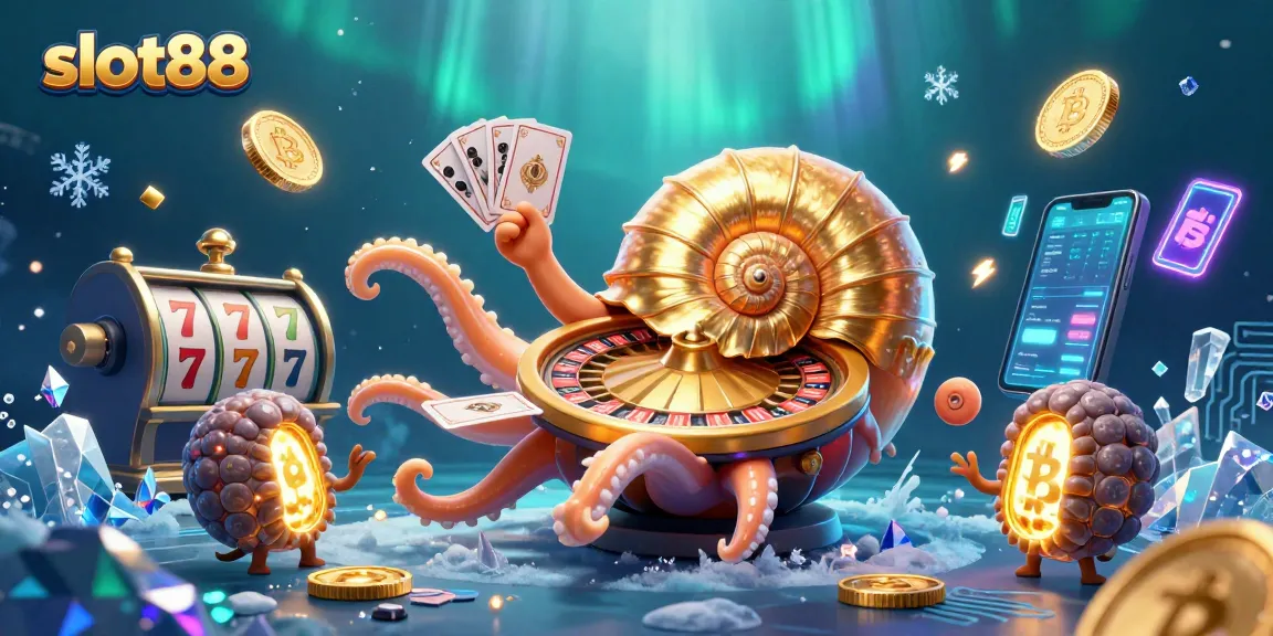 Win big with slot88 in this vibrant 3D casino scene featuring ancient elements and cryptocurrency.