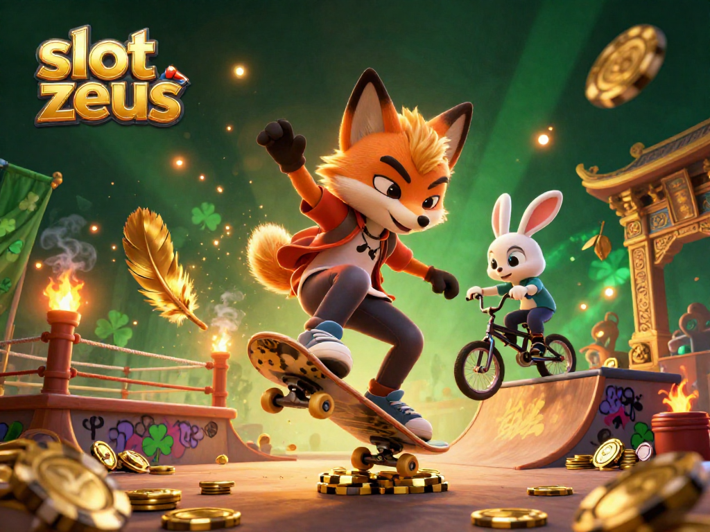 Experience the thrill of slot zeus with an action-packed scene of a skateboarder fox and BMX rabbit in a vibrant casino landscape.