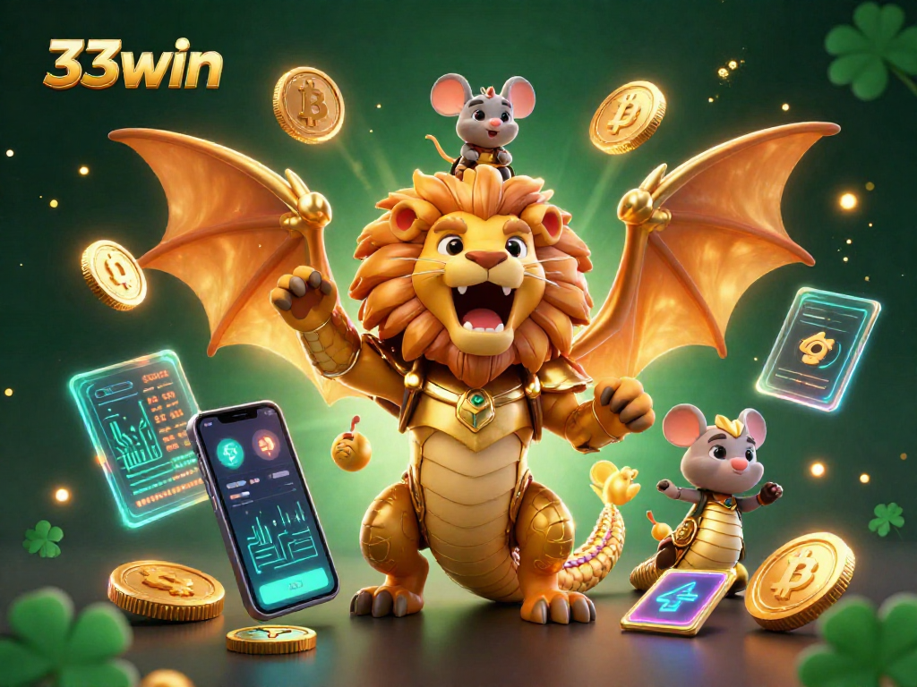 Experience the thrills of 33win with a vibrant casino scene featuring a roaring chimera in golden armor.