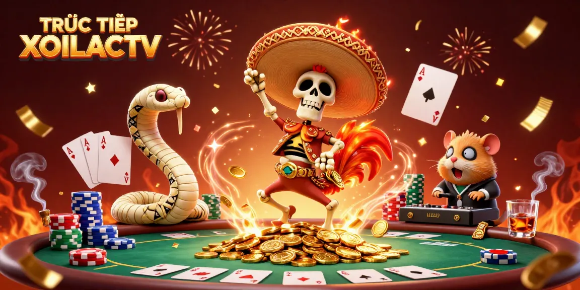 Experience TRỰC TIẾP XOILACTV with a festive 3D illustration of vibrant characters celebrating on a rich casino scene.