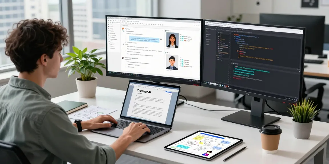 Dynamic workspace featuring CrushonAI development with AI character designs and coding scripts.
