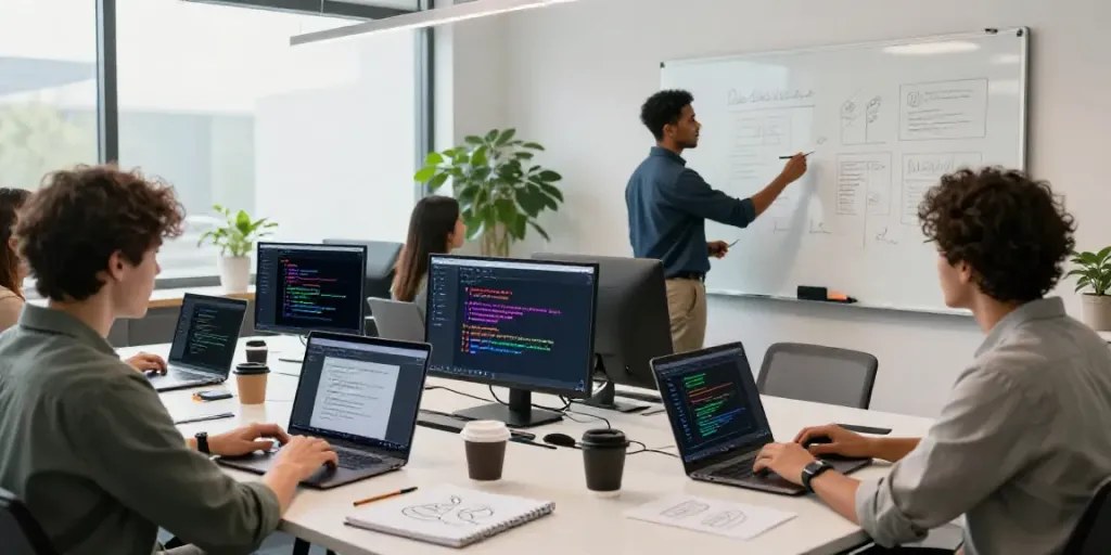 Team of creative professionals using an AI copywriting platform in a modern workspace.