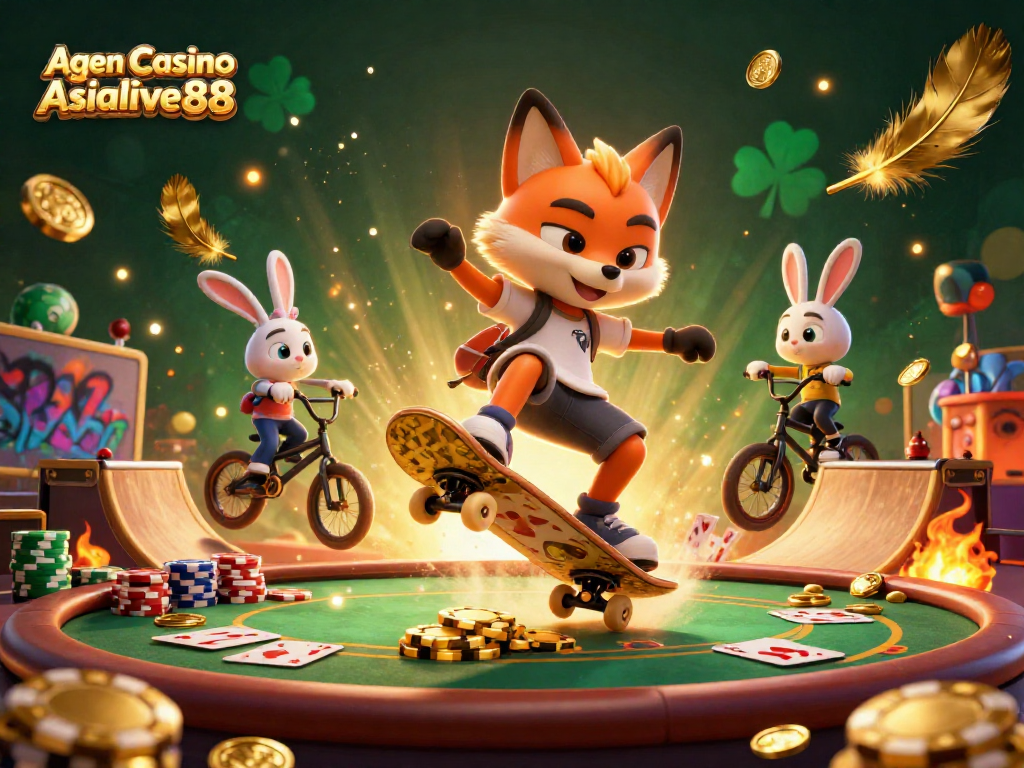 A thrilling scene showcasing Agen Casino Asialive88 with a skateboarding fox and BMX rabbit in an action-packed casino environment.