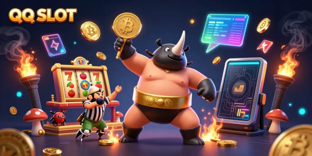 Experience thrilling QQ SLOT action with a sumo rhinoceros beetle champion in this vibrant illustration.
