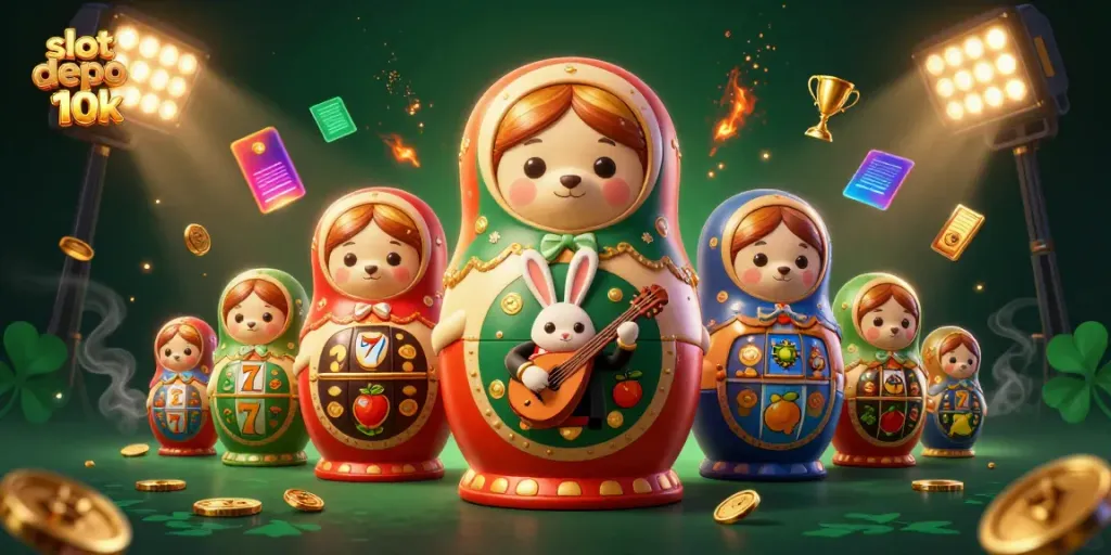 Slot depo 10k menampilkan karakter dari doll beruang dengan elemen kasino yang menarik.