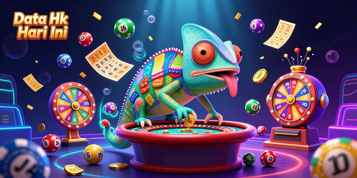 Watch the Data Hk Hari Ini with vibrant lottery elements surrounding a chameleon casino owner.
