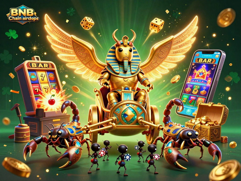 Experience BNB Chain airdrops in this vibrant casino-themed 3D illustration featuring dynamic game elements.