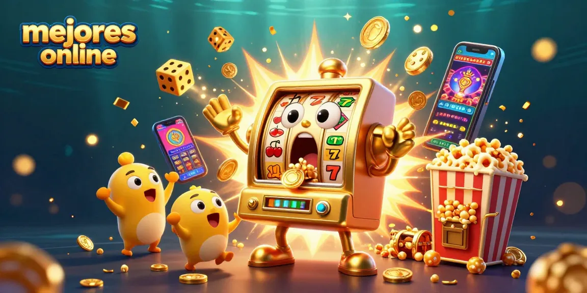 Ilustración de una máquina tragamonedas con "mejores casinos online" celebrando un gran premio con monedas volando.