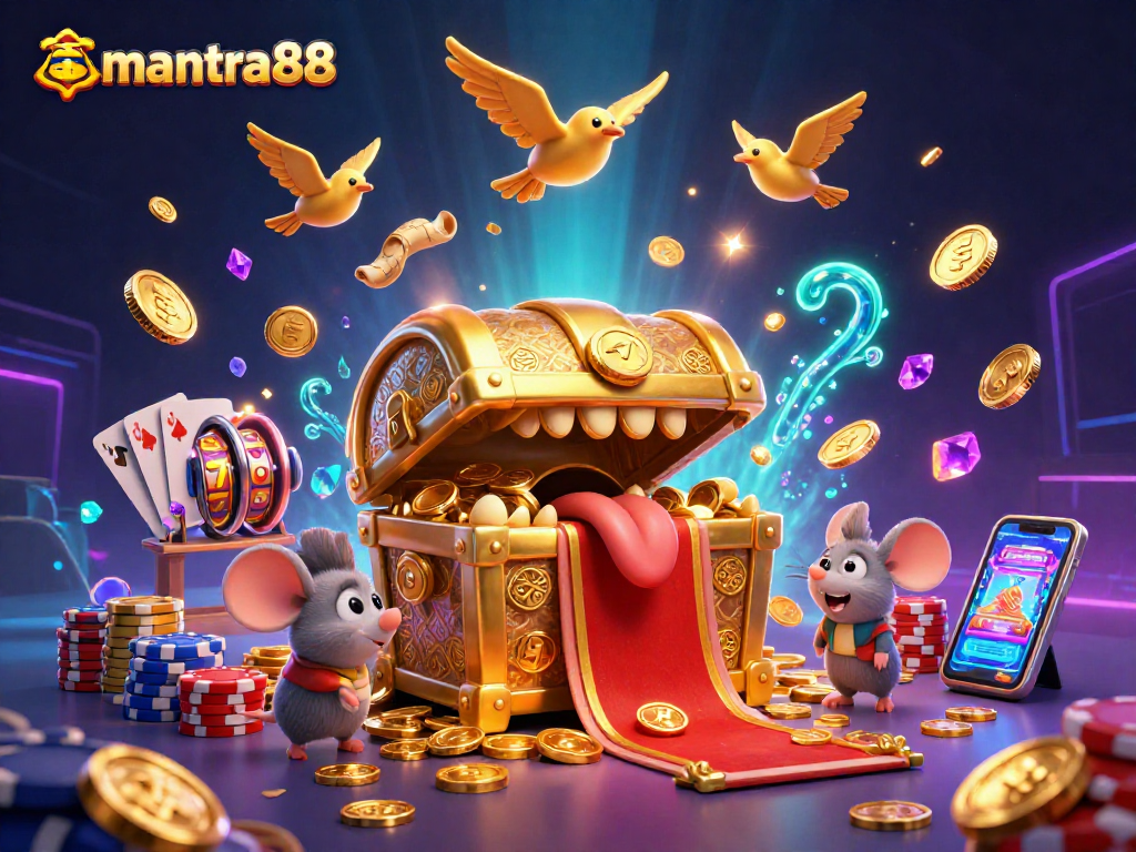 Engage players with mantra88’s vibrant casino adventures surrounded by golden treasures and dynamic slot games.