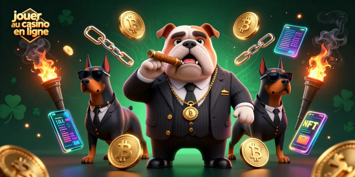Jouer au casino en ligne avec une illustration de chef de la mafia et des éléments de crypto-monnaie.