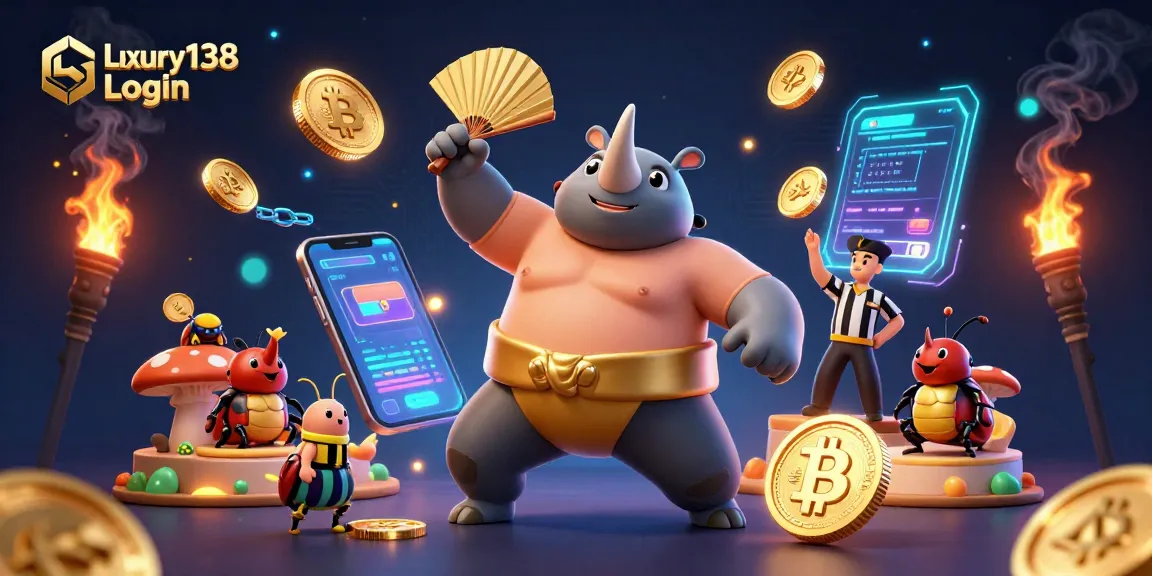 Experience the dynamic Luxury138 Login scene with a rhinoceros beetle champion and exciting casino elements.
