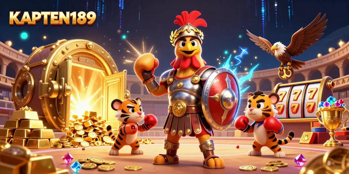 KAPTEN189 menghadirkan gladiator ayam dan anak harimau yang siap bertaruh di kasino, simbol keberuntungan dan kemewahan.