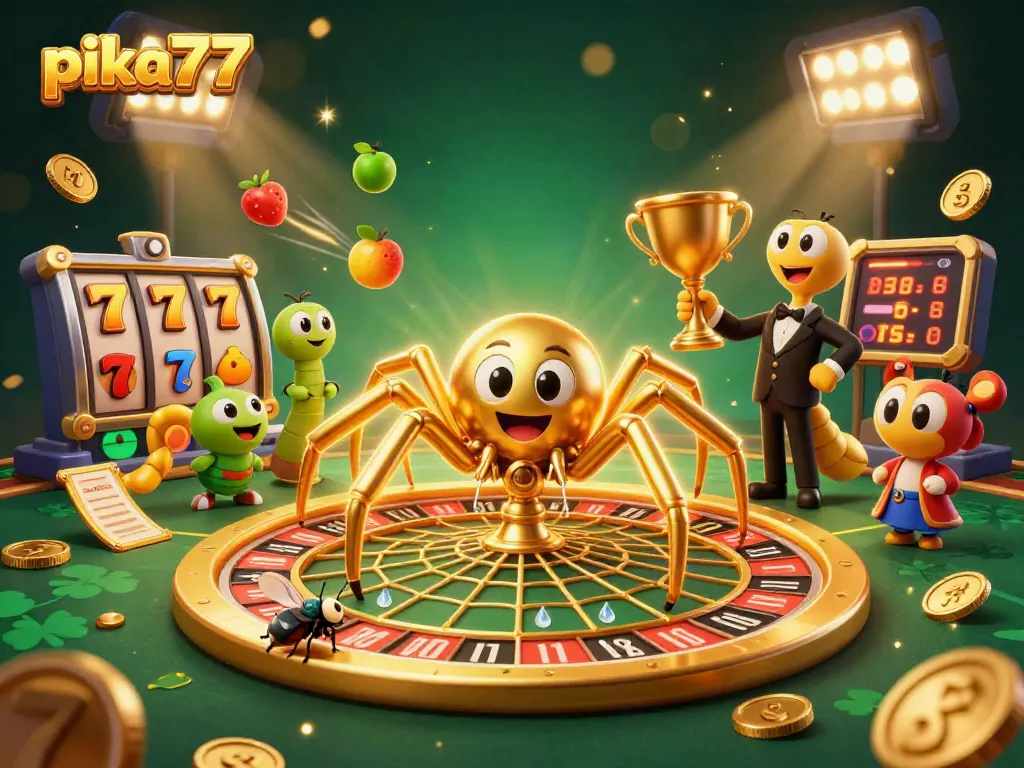 Place your bets and spin to win in the vibrant casino atmosphere with pika77's iconic slot reels and animated characters.