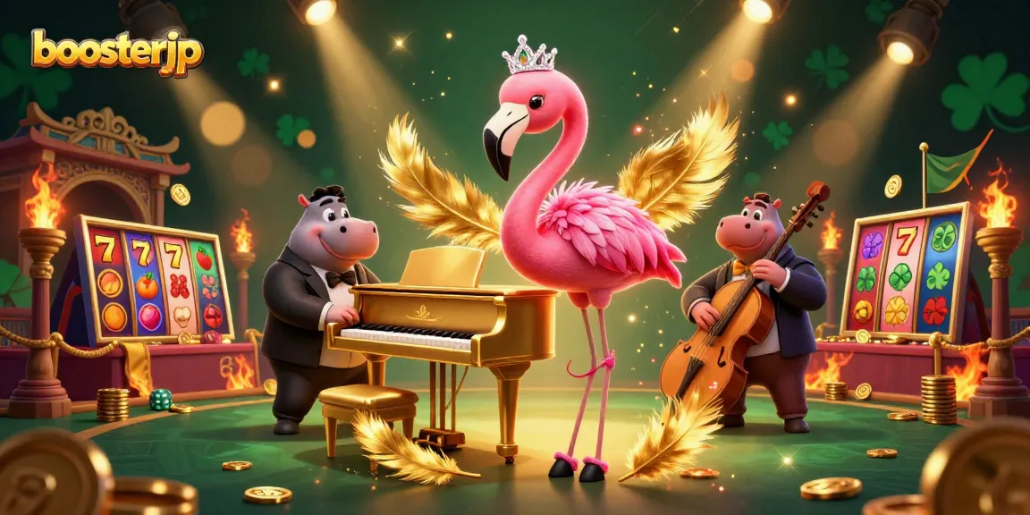 Experience thrilling spins with boosterjp in this vibrant casino scene of slot games and music.