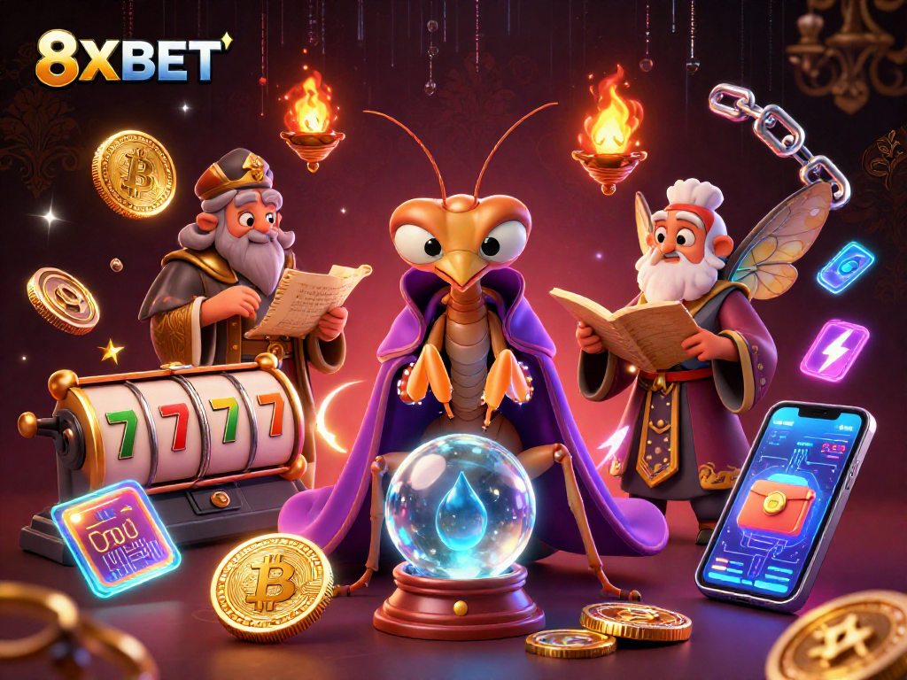 Experience thrilling wins with 8XBET's vibrant casino scene featuring fortune tellers and crypto elements