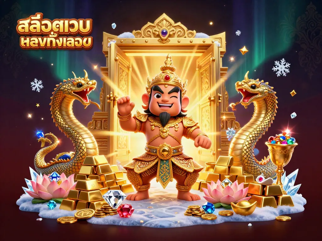 Engage with สล็อตเว็บตรงทั้งหมด featuring a Thai guardian and treasures in a vibrant casino-like scene.