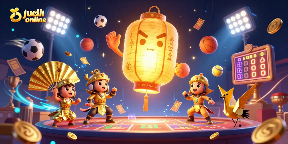 Experience exciting judi bola online with vibrant sports elements and mystical characters in this dynamic casino illustration.