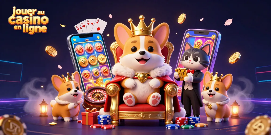 Jouer au casino en ligne avec le corgi royal et un majordomechat, sur un trône de jetons avec des éléments de jeux.