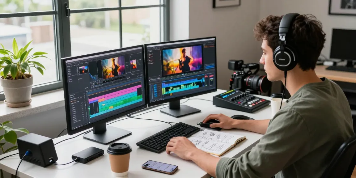 Video prompt ai generator workspace with video editor focused on dual screens, creating and refining content in a modern studio environment.