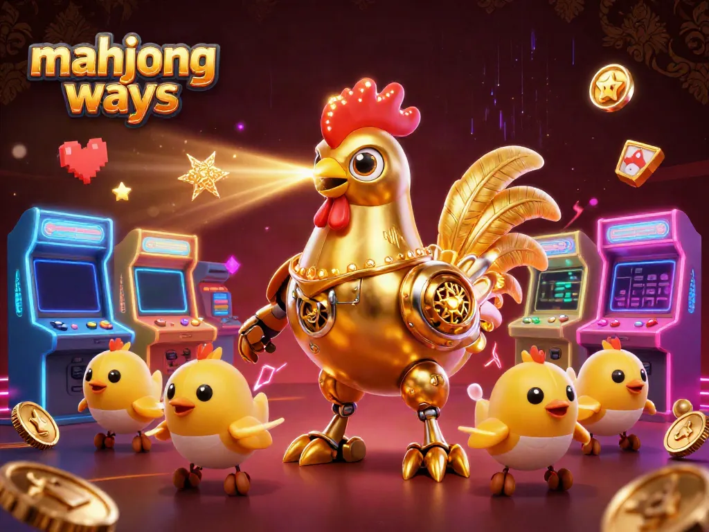 Experience the Mahjong Ways slot adventure with a golden rooster robot and baby chick drones amidst vibrant arcade game elements.