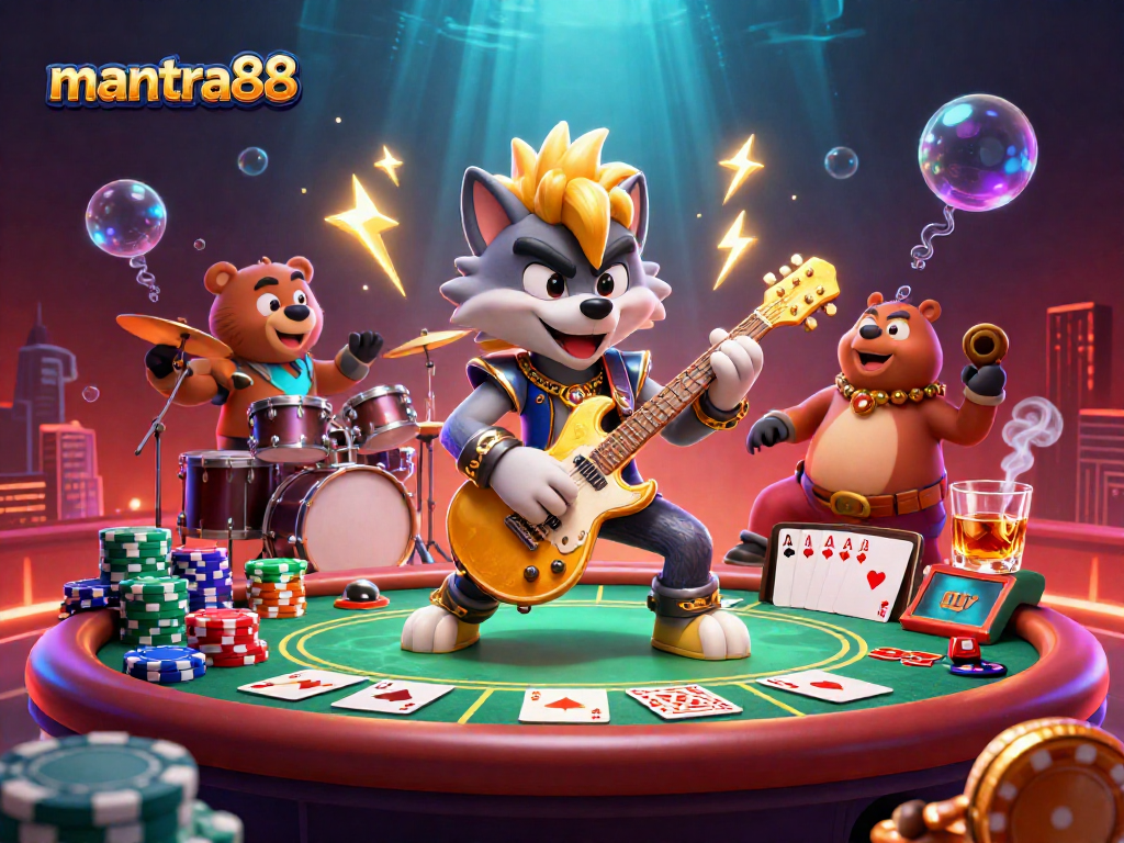 Experience the thrill of mantra88 in this vibrant 3D casino illustration featuring a rock star wolf and a drummer bear.