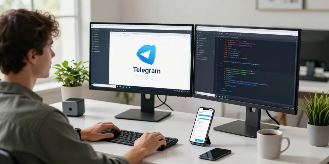 Active workspace with Telegram app interface showing 纸飞机中文版 features on multiple screens.