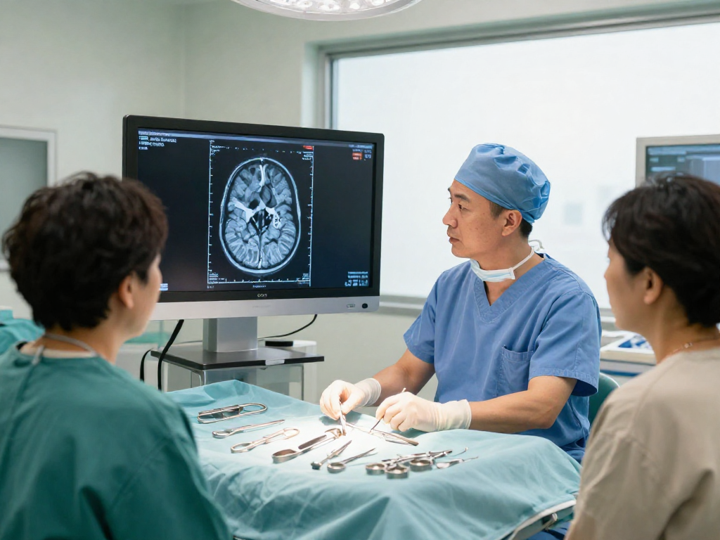 Focused discussion on beyin tümörü ameliyatı with medical team and patient in a bright surgical setting.