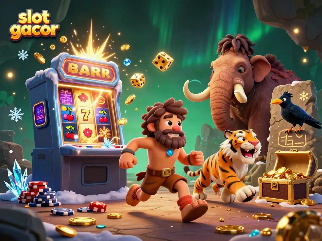 Experience the thrill of slot gacor in a vibrant prehistoric casino setting with dynamic characters.