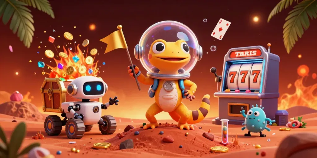 RANS4D menampilkan kasino emas terpendam di Mars dengan karakter alien penuh warna.