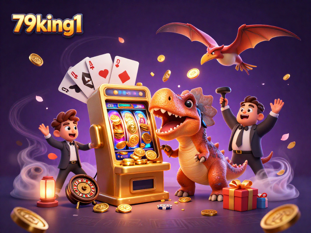 79king1 reveals a cartoon dinosaur winning jackpots at a vibrant casino scene filled with golden coins.