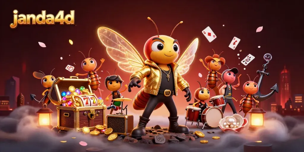 JANDA4D menjadi sorotan dengan ilustrasi 3D cicada rock star yang memukau, menampilkan unsur permainan slot dan koin emas.