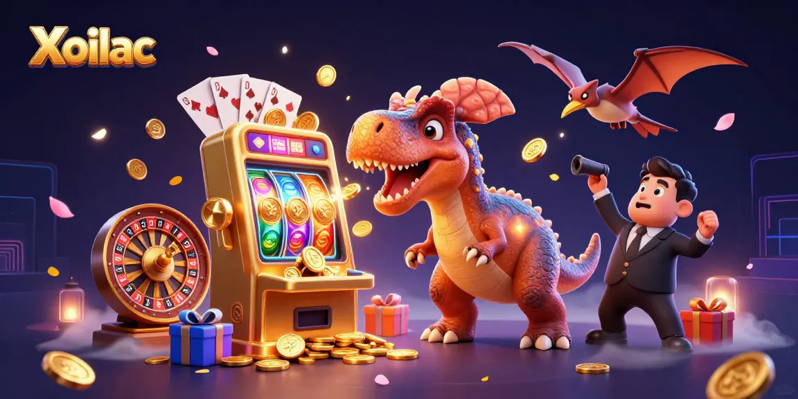 Xoilac features a pachycephalosaurus in a dynamic casino scene, winning jackpots and coins.