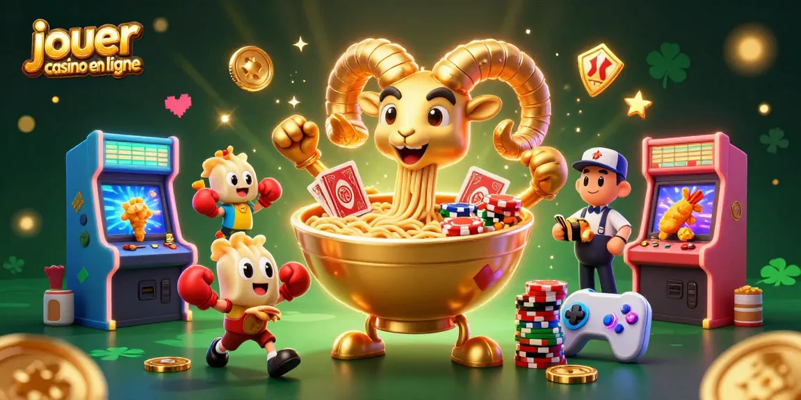 Jouer au casino en ligne avec des personnages de ramen et gyoza dans une scène vibrante remplie de jeux et de surprises.