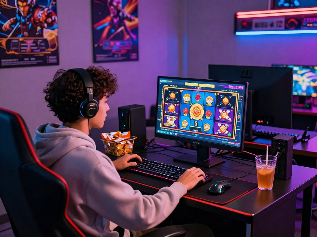 Engaged player at a gaming station with bandar slot gacor interface and vibrant slot game graphics, neon lights reflecting excitement.