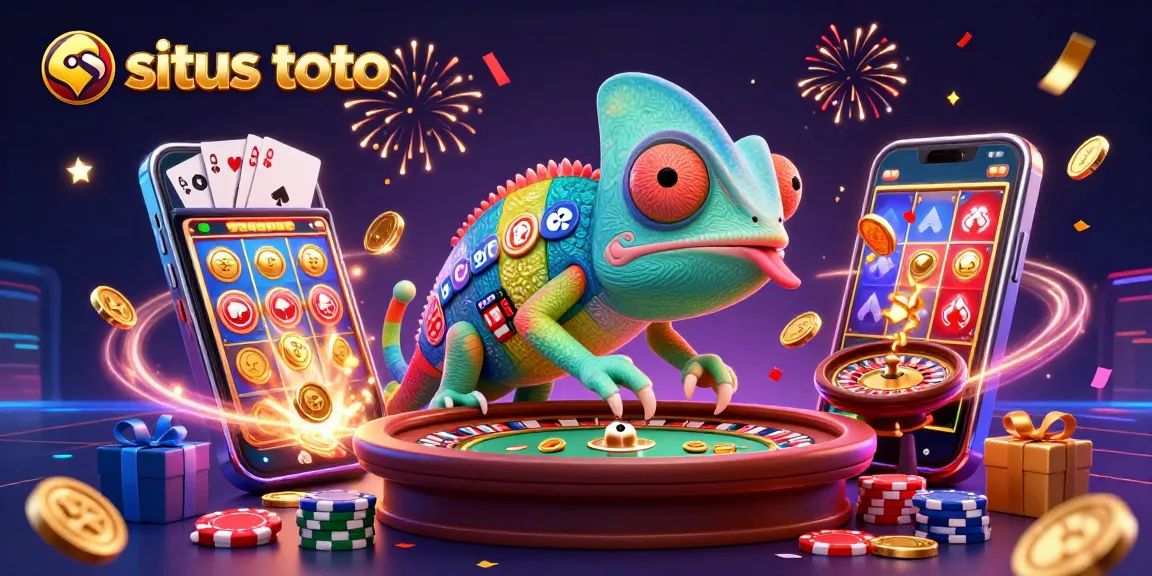 Experience situs toto action with a vibrant casino scene featuring a lively chameleon and immersive gaming elements.